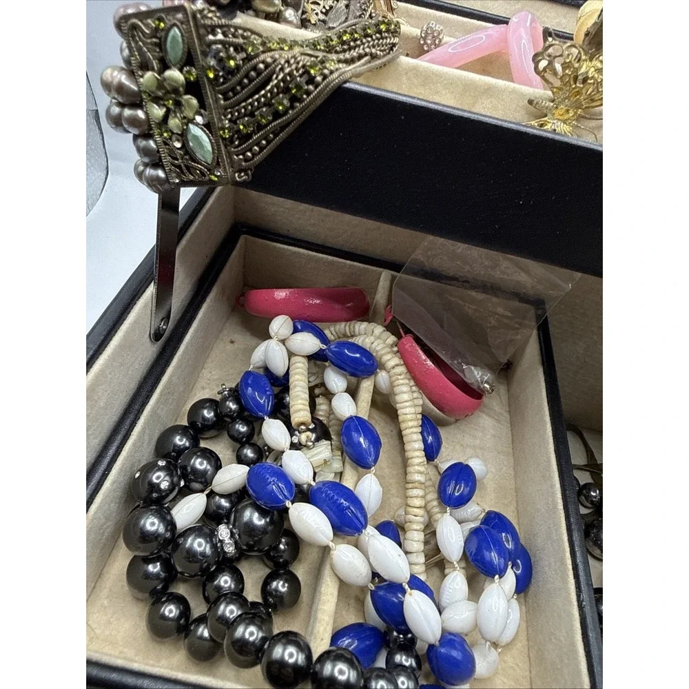 Vintage Jewelry Box Lot: Box, Necklaces, Bracelets, Rings, Earrings